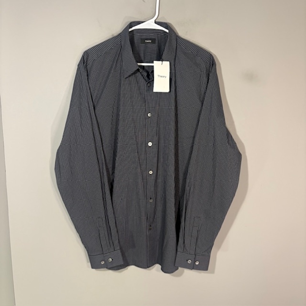 Theory Shirt Mens XL Gray Pewter Grid Check Stretch Cotton Dress Long Sleeve